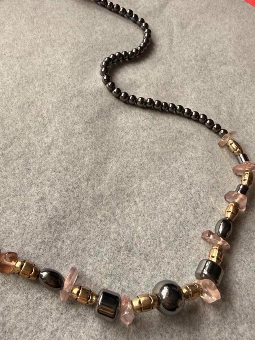 Hematite Rose Quartz Beaded Necklace Gold Tone Mixed Stone Vintage Style